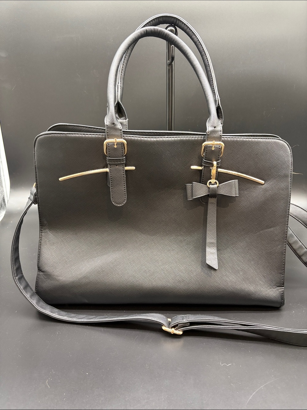 Black Laptop Tote with Bow and Gold Accents